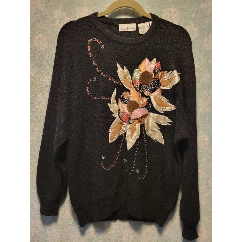 VTG 80s Laura Winston Sweater Medium Black Autumn Floral Fall Silk Angora
